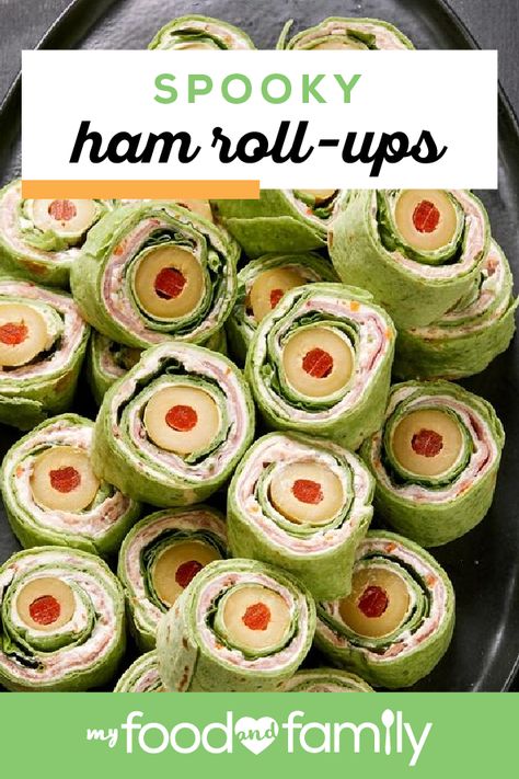 Spooky Ham Roll-Ups – Whether it’s for a Halloween party or your kid’s lunch, these wraps are so good it’s scary! Make this tasty recipe with OSCAR MAYER Honey Ham, KRAFT Mayo, and spinach-flavored tortillas. Halloween Roll Ups, Halloween Tortilla Roll Ups, Halloween Tea Party Sandwiches, Halloween Wraps Food, Halloween Pinwheel Sandwiches, Halloween Party Sandwiches, Halloween Finger Sandwiches, Halloween Sandwiches Parties Food, Spooky Sandwiches