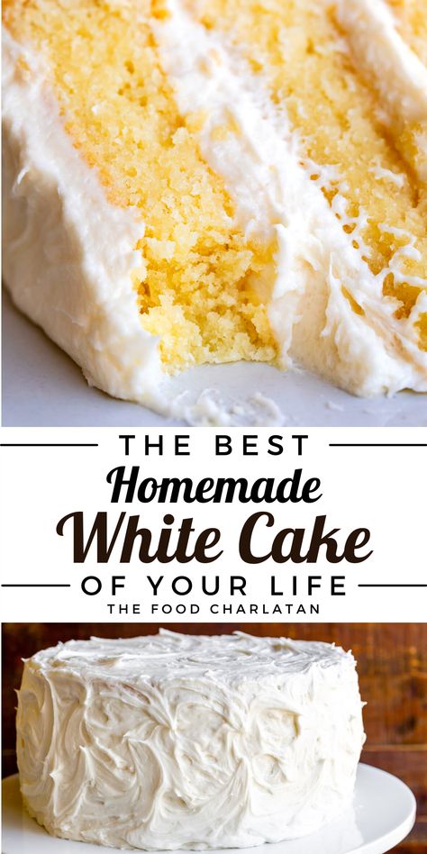 White cake on a white plate with vanilla frosting, with a bite taken out White Cake From Scratch, Homemade White Cake, Best White Cake, Best White Cake Recipe, Homemade White Cakes, Best Vanilla Cake Recipe, Moist White Cake, Moist Cake Recipe, Moist Vanilla Cake