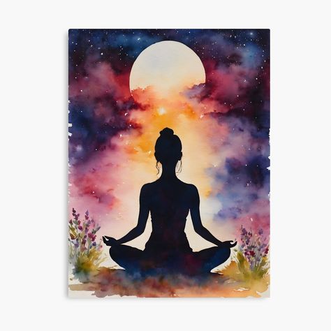 Get my art printed on awesome products. Support me at Redbubble #RBandME: https://www.redbubble.com/i/canvas-print/Yoga-girl-Meditating-Silhouette-Spiritual-Meditation-Art-by-Arwen-Art/154030839.5Y5V7?asc=u Yoga Drawings Art, Meditation Painting Spiritual, Yoga Painting Ideas On Canvas, Life Journey Illustration, Meditation Painting Ideas, Yoga Painting Ideas, Meditating Silhouette, Girl Meditating, Yoga Art Painting