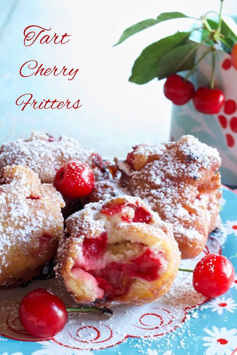 These delicious Red Tart Cherry Fritters are studded with tart cherries and they are tender and fluffy. They are best served warm with a dusting of powdered sugar, and they are deliciously addicting! Let me show you just how easy they are to make! #fritters #cherryfritters #cherry #tartcherry Cherry Fritters Recipe, Cherry Fritters, Recipe Cornbread, My Country Table, Dreamy Desserts, Tart Cherries, Fritters Recipe, Breakfast Goodies, Country Table