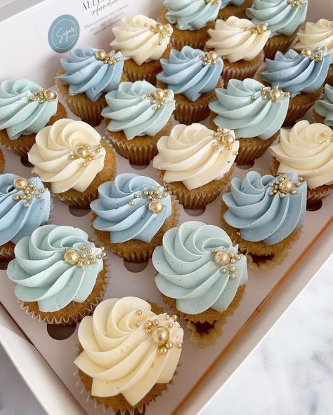 Sky Blue Cupcakes, Sprinkle Shower Cupcakes, Something Blue Bridal Shower Cupcakes, Blue Mini Cupcakes, Blue Gold Cupcakes, Light Blue And White Cupcakes, Blue Cupcake Designs, Baby On Board Cupcakes, Cupcakes Decoration Blue