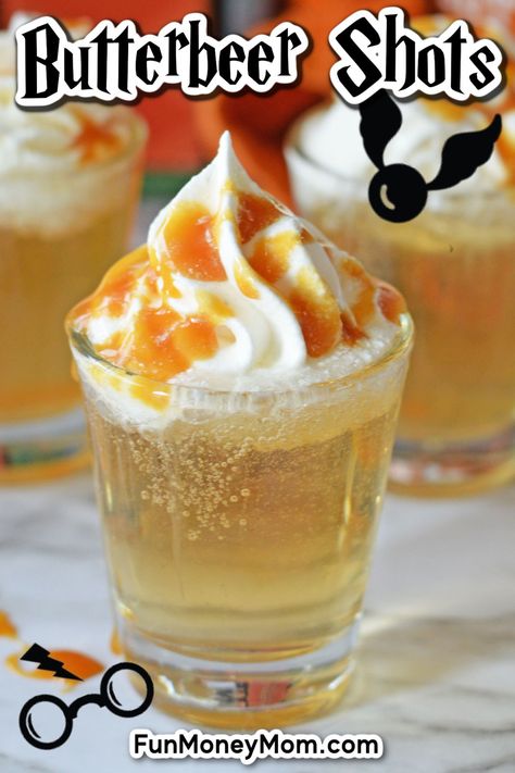 Butterbeer Shots Harry Potter, Nerd Drinks Alcohol, Butter Beer Jello Shots Harry Potter, Butter Beer Shots Harry Potter, Harry Potter Drink Recipes, Harry Potter Beer Olympics, Spiked Butterbeer Recipe, Butterbeer Jello Shots, Harry Potter Shots Alcohol