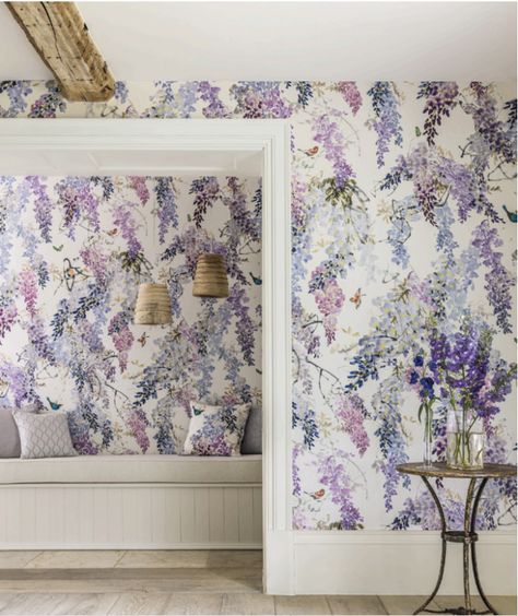 Time to Ditch Those Floral Valances in the Guest Room! Paper Bedroom, Lilac Bedroom, Bedroom Floral, Floral Interior, Professional Decor, Wallpaper Accent Wall, Botanical Wallpaper, Wallpaper Bedroom, Fall Wallpaper