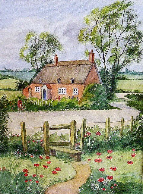 poppy cottage by Wendy Smith Poppy Cottage, Canvas For Beginners, Painting For Beginners, Cottage Art, 수채화 그림, Watercolor Landscape Paintings, Watercolor Art Lessons, Watercolor Paintings Tutorials, Nature Art Painting