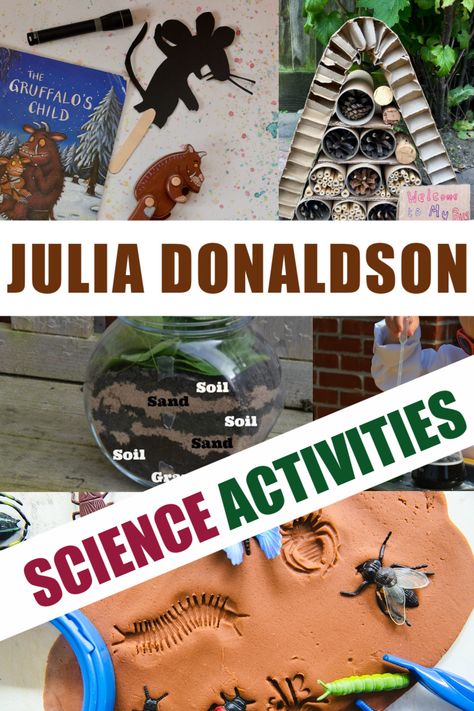 Huge collection of activities based around the Julia Donaldson books. Superworm activities, Gruffalo experiments,  room on the Broom investigations and more science for kids #JuliaDonaldson #BookActivities #preschoolscience #superworm #gruffalo #roomonthebroom #zog Julia Donaldson Activities Eyfs, Julia Donaldson Activities, Stem Activities For Toddlers, Gruffalo Activities, Julia Donaldson Books, Fossils Activities, Magnet Activities, Julia Donaldson, Animal Footprints