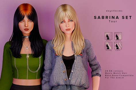 SABRINA HAIR SET - Tour | Patreon Daylife Sims, Sabrina Hair, Lotes The Sims 4, Cc Shopping, Y2k Hair, Pelo Sims, Hair Set, Free Sims, Sims 4 Cc Folder