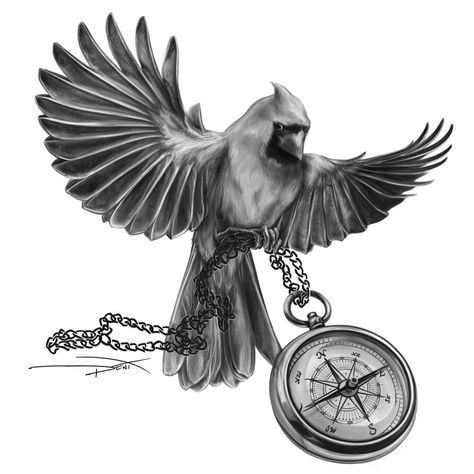 Omg love this my grandpa loved birds and always had a compass to "know where he's going" this would be a cool memorial tattoo for him Tattoo Cardinal, Cardinal Bird Tattoos, Tattoo Designs Black And White, Vintage Tattoo Sleeve, Designs Black And White, Red Bird Tattoos, Cardinal Tattoo, Cardinal Tattoos, Vogel Tattoo