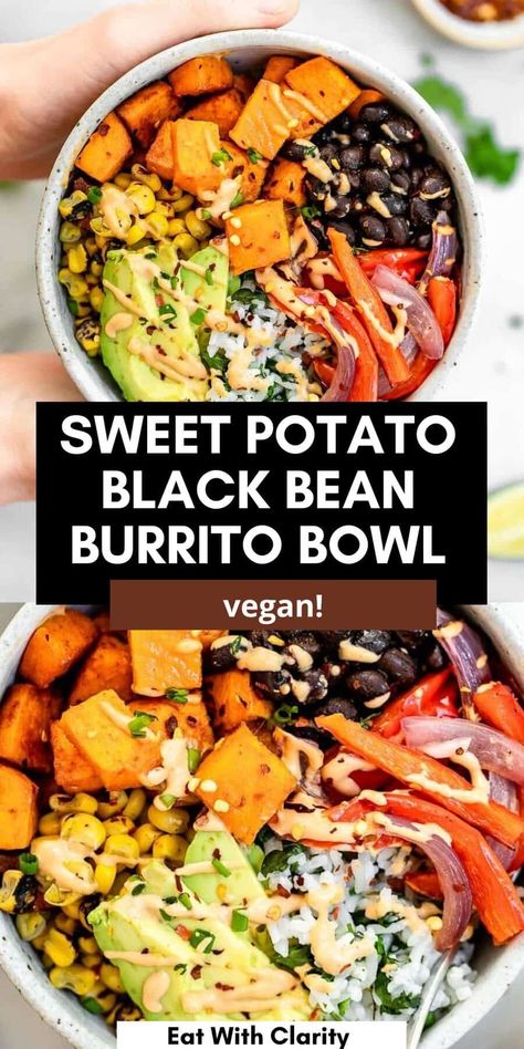 These vegan sweet potato burrito bowls are easy to make, have black beans, roasted veggies and finished with homemade cashew queso. These buddha bowls are perfect for meal prep. Sweet Potato Burrito Bowl, Potato Burrito Bowl, Black Bean Burrito Bowl, Bean Burrito Bowl, Sweet Potato Vegan, Ftdi Recipes, Potato Burrito, Sweet Potato Bowl, Sweet Potato Burrito