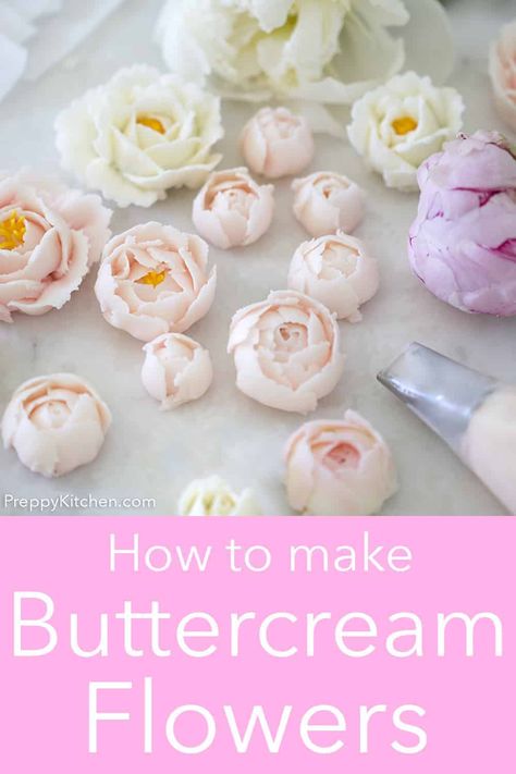 Making Icing Flowers, Spring Cake Ideas Flowers, Stiff Buttercream Frosting For Flowers, How To Make Flowers Out Of Icing, How To Make Frosting Flowers, How To Make Buttercream Flowers, How To Pipe Flowers, Buttercream Leaves, Flowers On A Cake