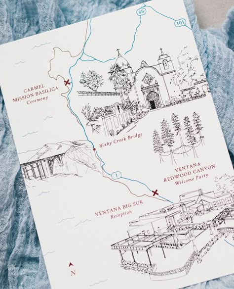 Wedding Invites With Map, Big Sur Wedding Invitations, Wedding Invite Map, Wedding Map Illustration, California Wedding Invitations, Pretty Sights, Wedding Maps, Map Wedding Invitation, معرض فني