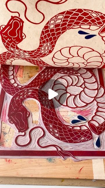 Frieda on Instagram: "Printing process for the snake print! If you’ve followed me for a while you know that’s my go-to method for a two color print- just cut the block into pieces and then put them back together! 😅 It can be quite messy and you‘ll have to clean the block, press, fingers in between each print, but the result is worth it! 🐍🐍" Printing Fabric, Back Together, Block Printing Fabric, The Snake, Color Print, The Block, Snake Print, Worth It, Printing Process