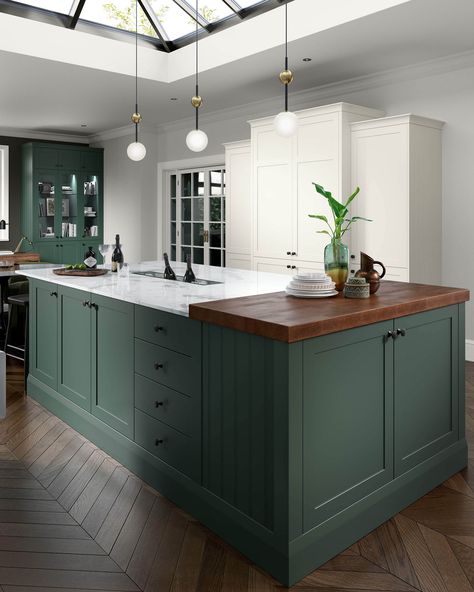 Heritage Green And Porcelain Kitchen | Clara Range | The Kitchen Depot Modern Classic Kitchen, Kitchen With Large Island, New Kitchen Doors, Traditional Style Kitchen, Dark Green Kitchen, Green Kitchen Decor, Bespoke Kitchen Design, Victorian Kitchen, Shaker Style Kitchens