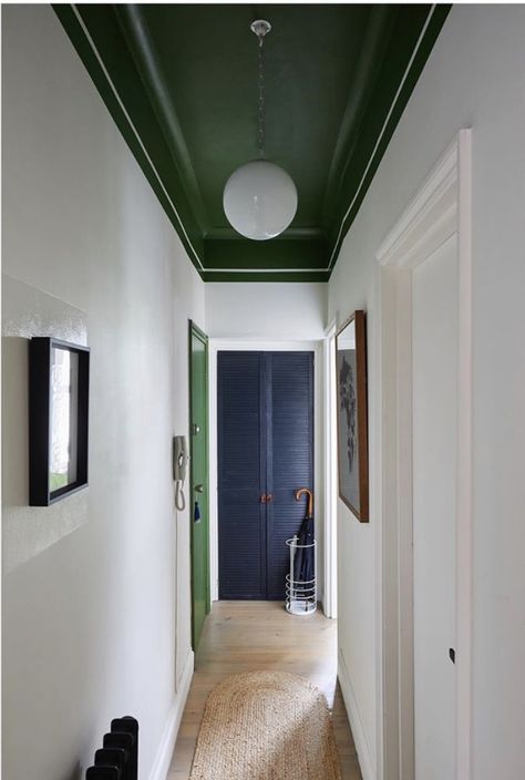 Hallway Paint, Hallway Colours, Ceiling Trim, Upstairs Hallway, Colored Ceiling, Painted Ceiling, Hallway Ideas, North London, Hallway Decorating