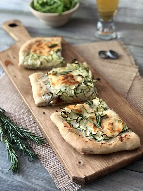 Zucchini & Herbed Ricotta Pizza Bianca Pizza Bianca Recipe, Herbed Ricotta, Zucchini Ricotta, Ricotta Pizza, Crispy Pizza, Spiralized Zucchini, Zucchini Ribbons, Pizza Bianca, White Pizza