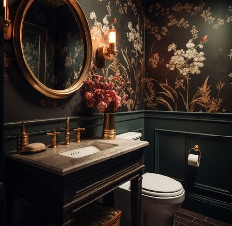 Dark Academia Bathrooms, Dark Moody Half Bathroom, Unique Half Bathroom Ideas, Dark Color Bathroom, Dark Floral Bathroom, Dark Moody Bathroom Ideas, Victorian Gothic Bathroom, Moody Bathroom Design, Black Half Bathroom