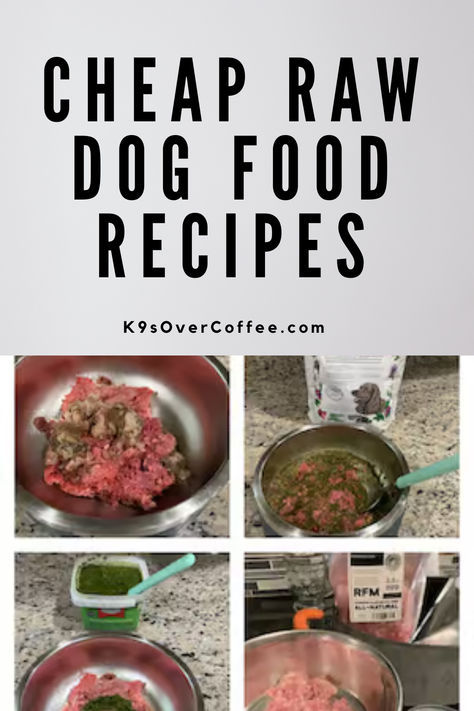 4 different pictures of cheap homemade raw dog food in stainless steel bowls. Raw Food Dog Recipes, Dog Raw Diet Recipes, Portion Size For Homemade Dog Food, Puppy Raw Food Diet, Raw Food Diet For Dogs Recipes, Puppy Raw Food Recipes, Raw Dog Food Diet For Beginners, Affordable Dog Food Recipes, Affordable Homemade Dog Food