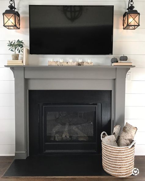 fireplace is Sherwin Williams Gauntlet Gray Grey Painted Fireplace, Mantels Ideas Fireplace, Painted Fireplace Mantels, Fireplace Mantels Ideas, Wooden Fireplace Surround, Painted Fireplace, Grey Fireplace, Gauntlet Gray, Fireplace Redo