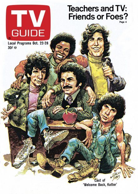 TV Guide October 22, 1977 - , Ron Palillo, Lawrence Hilton Jacobs,  John Travolta, Gabe Kaplan and Robert Hegyes of Welcome Back Kotter. Illustration by Jack Davis Welcome Back Kotter, Jack Davis, Classic Television, Cartoon Tv Shows, 80s Cartoons, Great Tv Shows, Old Tv Shows, Vintage Tv, Retro Tv