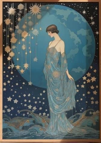 1930s Aesthetic Art Deco, Art Nouveau Photography, Art Deco Stars, Art Deco Witch, Art Deco Fairy, 1920s Celestial, Art Deco Mermaid, Celestial Art Nouveau, Moon Art Nouveau