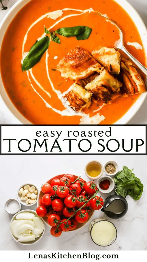 There's nothing quite like a bowl of Roasted Tomato Soup to warm your soul when the weather is cold! This recipe features the rich, sun-kissed flavors of Campari tomatoes, coupled with garlic, onion, and a medley of herbs. Serve it with a garnish of fresh basil and a side of grilled cheese for an ultra-cozy and comforting meal. Best Ever Tomato Soup, Tomato Soup Recipe Roasted, Basil Tomato Soup Recipe, Summer Tomato Soup, Tomato Soup Basil, Best Tomato Soup Recipe With Fresh Tomatoes, Tomato Soup Recipe Creamy, Fresh Tomato Basil Soup Recipe, Roasted Garlic And Tomato Soup