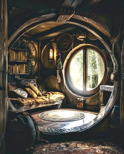 Goth Hobbit Aesthetic, Hobit Houses Inside, Hobbit Hole Aesthetic, Goth Cabin, Hobbit Hole House, Hobbit Library, Circular Room, Hobbit House Interior, Hobbit Style