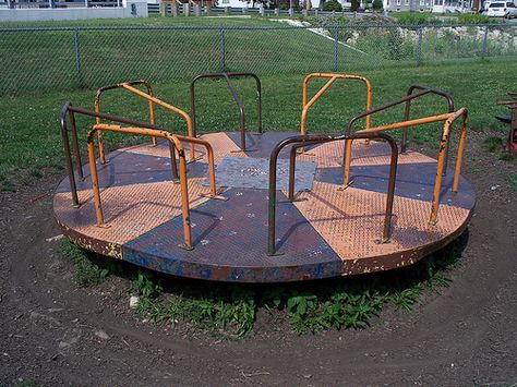 Talk about way back when.  Every park had one and it was a chanllenge to run and jump on, stay on especially when it was crowded. Old Playground, Vintage Playground, School Playground Equipment, Poker Party, Fun Pictures, Park Playground, School Playground, Playground Design, Childhood Days