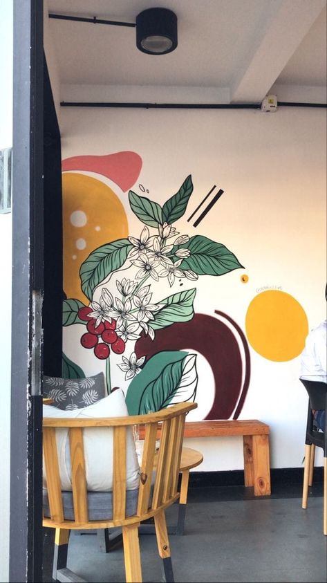 Wall decor ideas English Cafe Design, Coffe Murals, Wall Painting Ideas Cafe, Coffee Mural Art, Cafe Mural Ideas, Cafe Wall Art Murals, Cafe Wall Painting, Coffee Graffiti, Cafe Mural