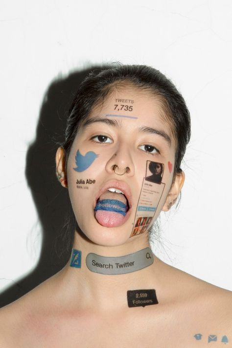 the instagram artist turning her social media addiction into art - i-D Red Conceptual, Temporary Face Tattoos, Social Photo, Mass Culture, Social Media Art, Social Media Photography, Vogue China, Fashion Media, Face Tattoos