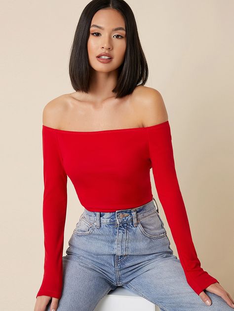 Red Top Outfit, Red Off Shoulder Top, Off The Shoulder Top Outfit, Red Corset Top, Corset Top Outfit, Shein Basics, Off Shoulder T Shirt, Red Corset, Elegant Sweater