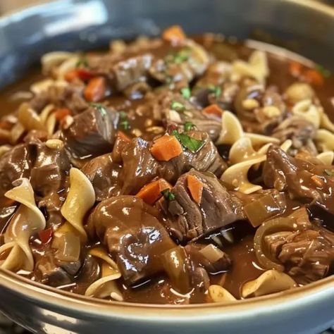 Crockpot Beef Tips and Noodles Slow Cook Beef Tips Crock Pot, Beef And Gravy Over Noodles, Beef Stew With Noodles Crock Pot, Beef Stew With Noodles, Crockpot Stew Meat Recipes Beef Tips, Beef Tips Stew, Beef Tips Soup, Recipe Using Beef Stew Meat, Beef And Noodles With Stew Meat