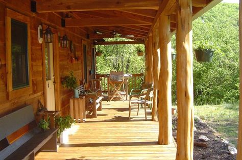 Cedar porch posts | Love this rustic cedar post porch!! Cedar Porch Posts, Ranch Porch, Porch Post Ideas, Cedar Porch, Cabin Porches, Country House Exterior, Front Porch Posts, Front Porch Addition, Rustic Front Porch