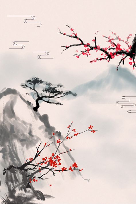 Chinese Wallpaper Backgrounds, Porch Wallpaper, Chinese Tree, Dp Ideas, Chinese Mountains, Wallpaper Powerpoint, Chinese Background, Decoration Wallpaper, Chinese Wallpaper