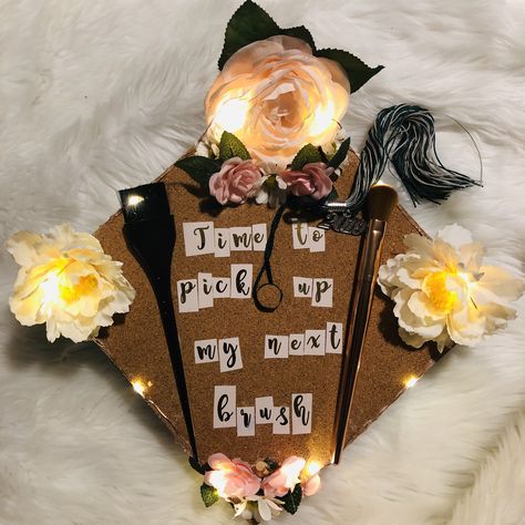 Cosmetology license today, art degree next🎓2019 Cosmetology Graduation Cap Ideas, Cosmetology Caps For Graduation, Graduation Cap Designs Cosmetology, Cosmetology Graduation Cap, Beauty School Graduation, Cosmetology Graduation, Graduation Hairstyles With Cap, Cosmetology License, Graduation Cap Decoration Diy