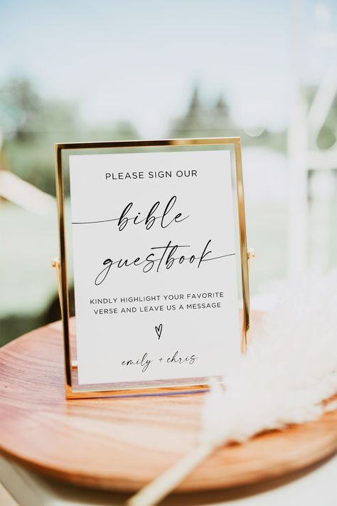 Wedding Guest Book Bible Sign, Minimalist Bible Verse Sign, Christian Guest Book Wedding Sign, Editable Download, Modern Sign, Canva - Etsy Bible As Guest Book Wedding Ideas, Sign Our Bible Wedding, Guest Book Wedding Ideas, Christian Wedding Decor, Guest Book Bible, Guest Book Wedding Sign, Wedding Bible Verses, Wedding Bible, Bible Verse Signs