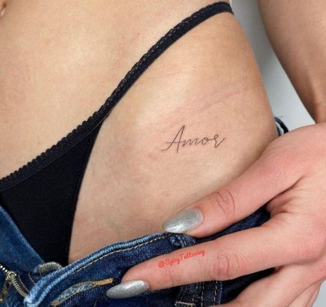 Italian Word Tattoos For Women, Amor Tattoos For Women, Small Intimate Tattoo, Amore Tattoo Fonts, Intimate Tattoos For Women, Amor Tattoo, Tiny Tattoos For Women, Hidden Tattoos, Laser Removal