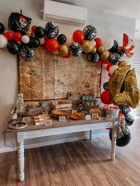 Pirate 4th birthday party Jake Pirate Birthday Party Ideas, 3rd Birthday Pirate Party, Pirate Birthday Balloons, Diy Pirate Birthday Party, Pirate Birthday Decorations, Pirate Toddler Birthday Party, Pirate Birthday Ideas, Toddler Pirate Party, Pirate 3rd Birthday Party