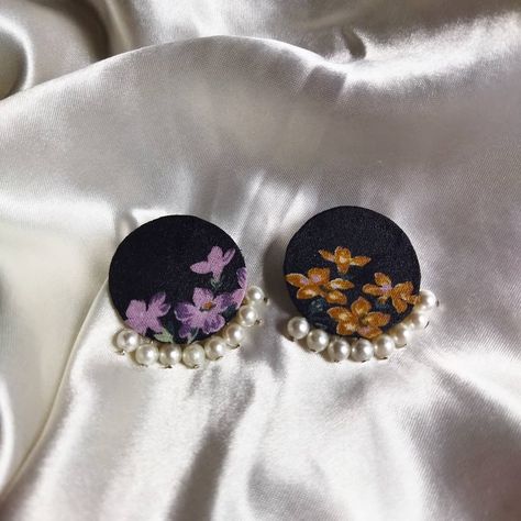 Handmade fabric stud earrings Fabric Studs Earrings, Fabric Jewelry Handmade Indian, Fabric Earrings Diy, Handmade Earrings Fabric, Simple Earing, Fabric Earrings Handmade, Cloth Jewellery, Embroidery Jewellery, Diy Earrings Materials