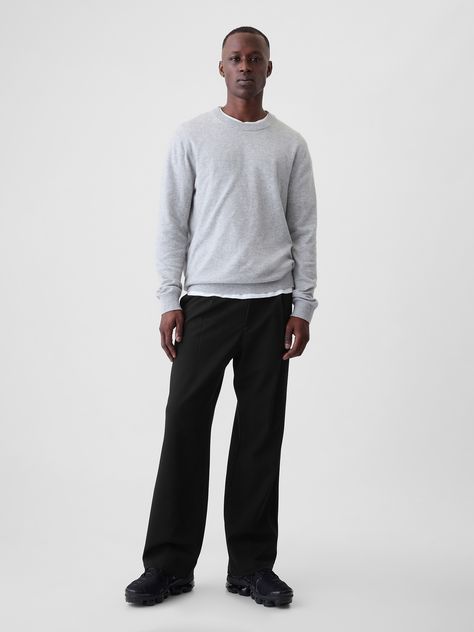 Soft ponte-knit trousers.  Button closure, zip fly.  Front slant pockets, back welt pockets.  Pleating at front.  Fit: Relaxed.  An easy silhouette throughout.  Models are 6′1″–6′2″ 185 cm–188 cm) with a 31″ 79 cm) waist & 32–33″ 81 cm–84 cm) inseam & are wearing Gap Black Slacks Outfit Men, Black Pleated Pants Outfit, Short Guy Outfits, Flared Jeans Men, Black Trousers Men, Knit Trousers, Easy Silhouette, Black Pants Men, Twill Trousers