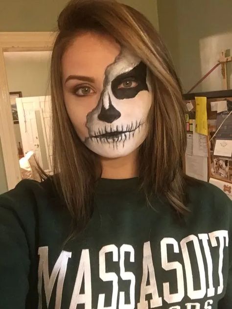 45+ Horrifying Halloween Makeup Ideas for Women - HubPages Easy Skull Face Makeup, Scary Skeleton Face Paint, Skeleton Costume Hair Ideas, Female Skeleton Makeup Easy, Skeleton Women Makeup, Partial Skull Makeup, Halloween Skeleton Face Paint, Halloween Face Makeup Skeleton, Halloween Face Makeup Scull