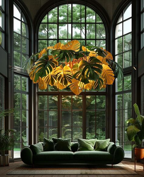 Biophilic Ceiling Design, College Sketchbook, Plant Chandelier, Biophilic Interior, Forest Kitchen, Kitchen Addition, Luxury Lamps, Whimsical Home, London House