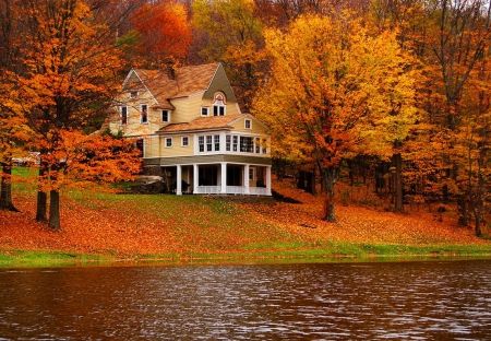 Lakeside house - Lakes Wallpaper ID 1862849 - Desktop Nexus Nature Autumn Lake, Autumn Scenes, Lake Cabins, Autumn Scenery, Dream House Exterior, In The Fall, Lush Green, House Designs Exterior, Victorian Homes