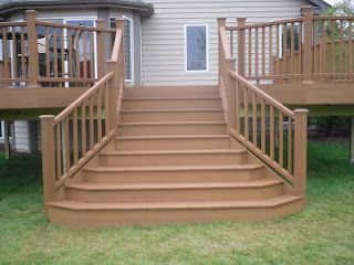 Flared Stairs Flared Stairs, Diy Deck Railing Ideas, Diy Deck Railing, Outdoor Deck Decorating, Deck Building Plans, Deck Railing Ideas, Porch Stairs, Front Porch Steps, Patio Steps