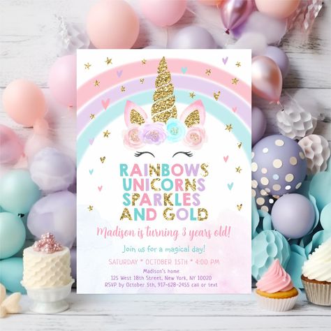 Unicorn And Pink Themed Party, Unicorn Birthday Party Invitation Zazzle, Unicorn Birthday Party Zazzle, Unicorn Party Supplies Zazzle, Rainbow Unicorn Zazzle, Unicorn Birthday Party Invite, Unicorn Three Year Old Party, 3rd Unicorn Birthday Party, 5th Birthday Unicorn Party