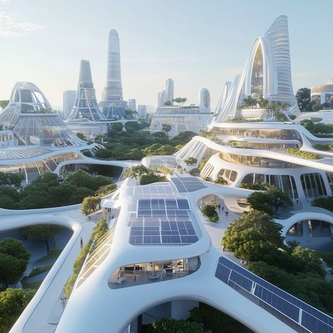 Futuristic eco-city with solar-powered buildings and integrated green spaces | AI Created Futuristic Farming, Futuristic Green City, Earthship Home Plans, Futuristic City Utopia, Futuristic Places, Eco Friendly Architecture, Earthship Home, Eco City, Sustainable City