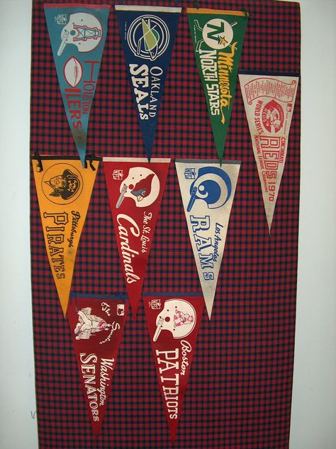 Vintage Sports Pennants, Sports Pennants, Vintage Sports Decor, Pennant Design, Vintage Pennants, Nfl Rams, Vintage Kids Room, Habitat Restore, Dorm Style