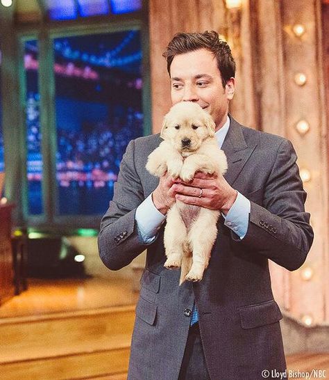 Jimmy Fallon+a puppy = perfect Holding Puppy Reference, Puppy Reference, Holding Pose, Holding Puppy, He Makes Me Smile, Dog Poses, Batman Funny, Jimmy Fallon, Cute Creatures