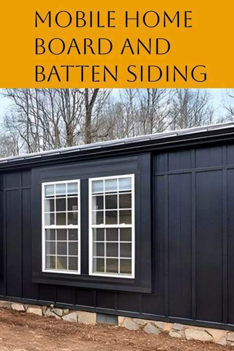 board and batten siding on mobile home, mobile home siding Roof Over Mobile Home Single Wide, How To Update A Modular Home, How To Paint A Mobile Home Exterior, Board And Batten Siding On Mobile Home, Board And Batten Double Wide, Modular Home Siding Ideas, Trailer Remodel Single Wide Mobile Home Makeovers Exterior, Black Manufactured Home Exterior, Board And Batten Siding Ranch Home