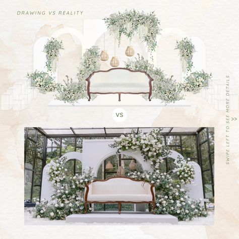 Nature's elegance in full bloom Our bride has envisioned a captivating green base adorned with delicate white flowers for their wedding theme dais. With our 3D design proposal, we're poised to bring this enchanting vision to life, ensuring every detail reflects the beauty of nature's embrace. From the wedding of Shahmi x Aisyah Photo by : @shazuan_shah Let us turn your dreams into reality. . For rates & packages kindly fill in the form on our website . www.rumahdusun.com.my or kindly click... Akad Decoration, Red Gold Wedding Decorations, Green And White Wedding Theme, White And Green Wedding Decor, Indian Wedding Color Schemes, Wedding Pelamin, White Theme Wedding, White And Green Wedding Flowers, Pelamin Nikah