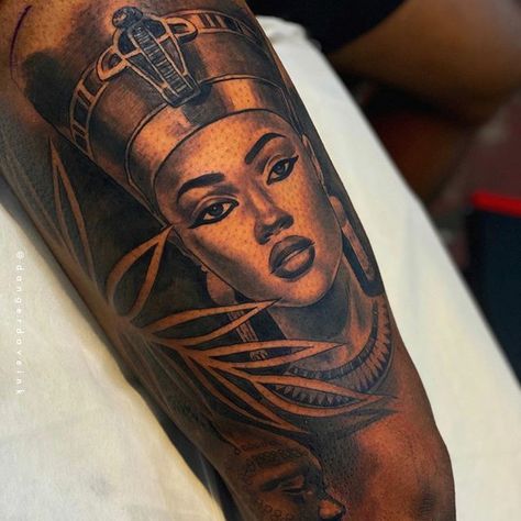 egyptian queen tattoo Goddess Tattoos For Women African, African Related Tattoos, Black Cleopatra Tattoo, African Queen Tattoo Design, Black Queen Tattoo Sleeve, Tattoo With Women Face, Black African Queen Tattoo, African Leg Sleeve Tattoo, My Black Is Beautiful Tattoo