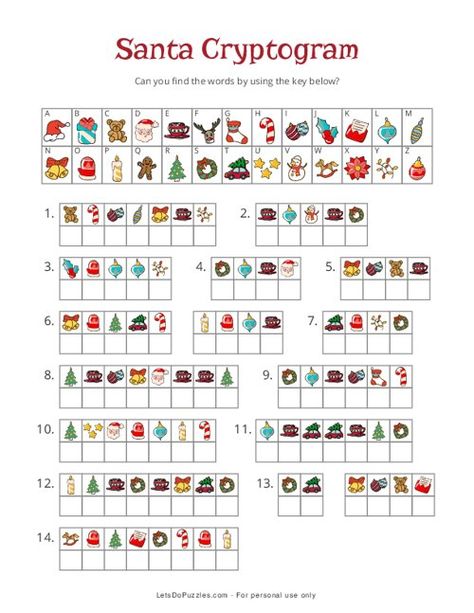 Santa Cryptogram | Christmas Printable Puzzle for Kids Christmas Puzzles For Kids Free Printable, Christmas Ispy Printable, Cryptograms For Kids Free Printable, Christmas Crafts For Kids At School 4th Grade, Christmas Game Printables Free, Christmas Cryptogram, Christmas Homeschool Activities, Christmas Games For Children, Christmas Puzzles For Kids